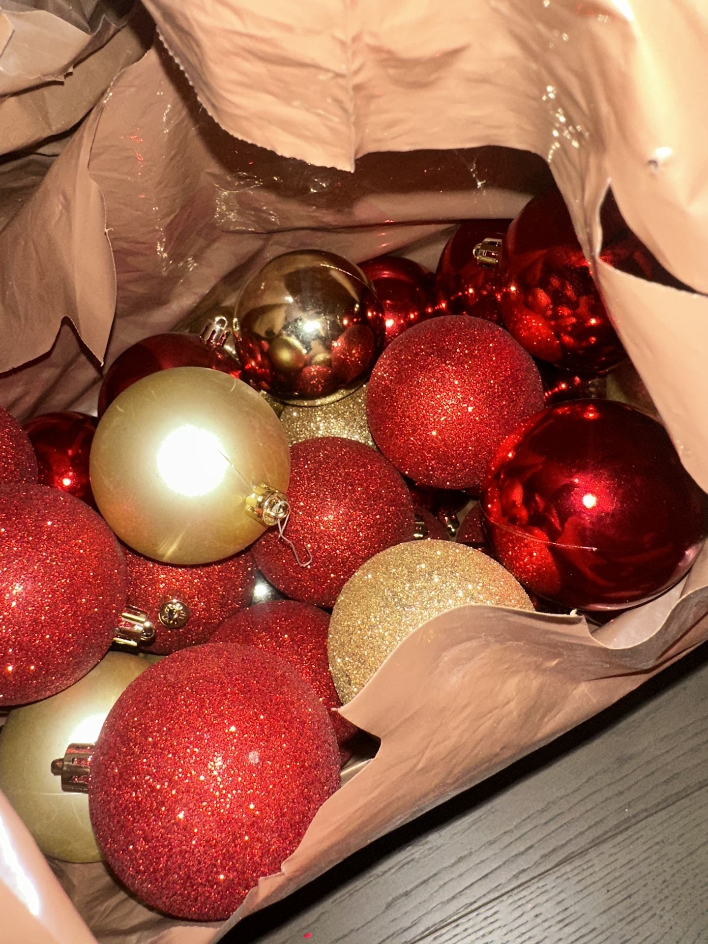 red, gold, glitter ornaments used