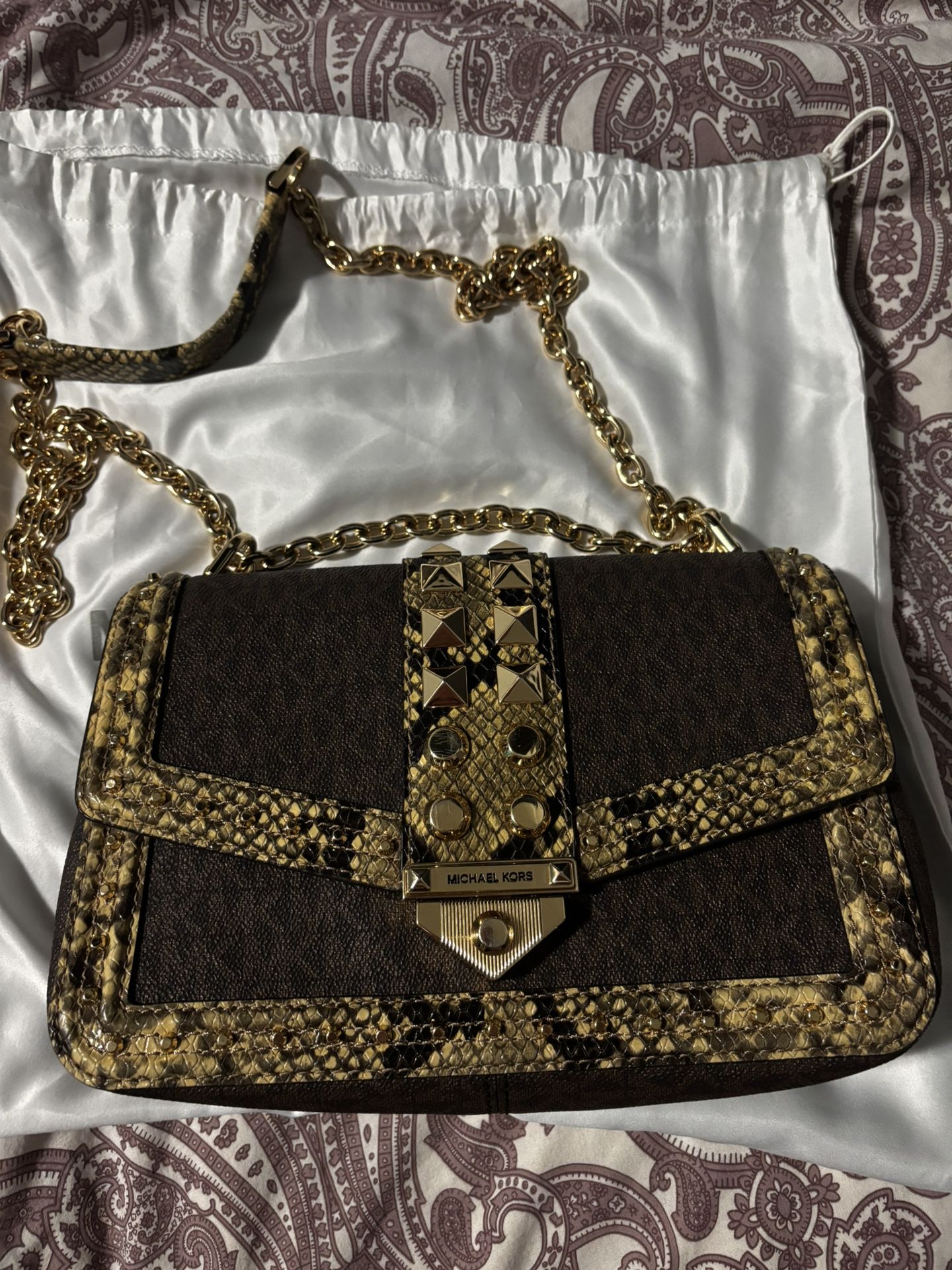 Michael Kors SoHo Large Snake Studded Embossed Leather And Logo Chain Purse