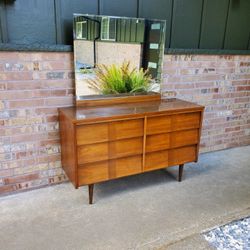 Mid Century Modern Walnut Louvered Front Dresser with Mirror Vintage