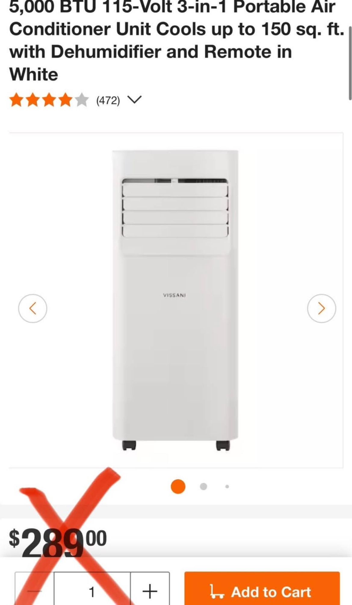 Vissani 5,000 BTU 115-Volt 3-in-1 Portable Air Conditioner Unit Cools up to 150 sq. ft. with Dehumidifier and Remote in White