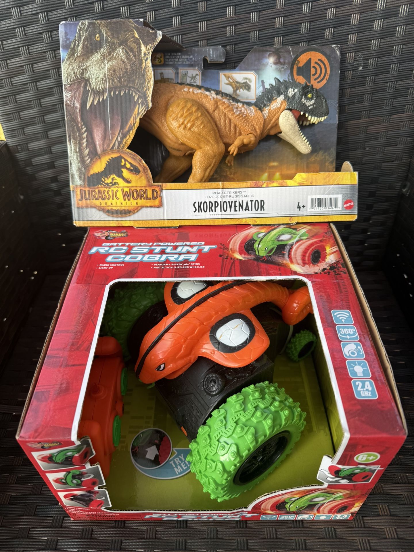 $25.00 for both Jurassic World Dominion Skorpiovenator and Street Pounderz Battery Powered RC Stunt Cobra Toy