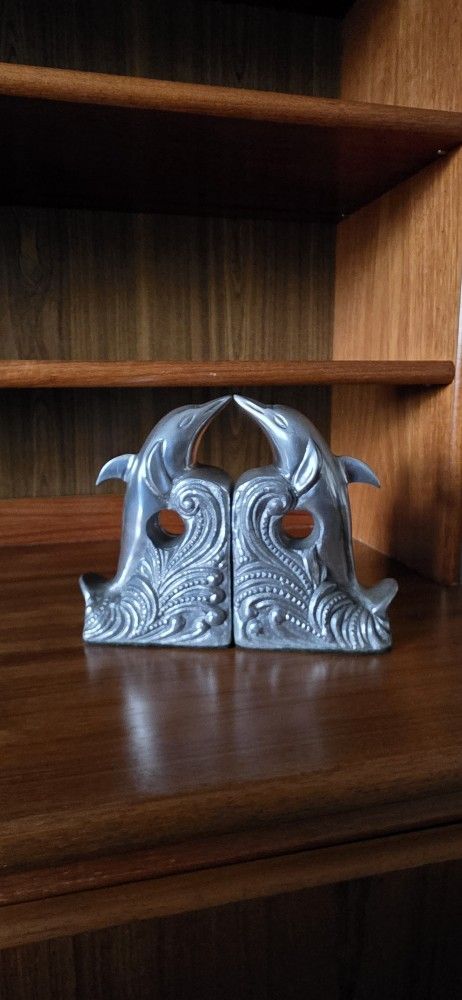 Art Deco Style Dolphin Bookends | Heavy Cast Metal Porpoise Library Decor | Unique Shelf Styling