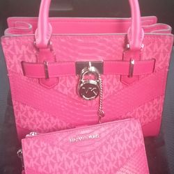 Michael kors pink leather satchel hand bag and wallet