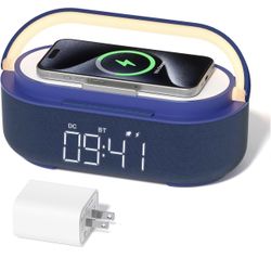 COLSUR Reloj despertador con altavoz Bluetooth 6 en 1 con cargador inalámbrico de 15 W, radio FM, luz nocturna LED ajustable, batería de 2500 mAh, fun