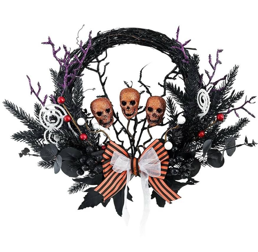 Large Black Halloween Skull Wreaths - 20 Inch Spooky Grapevine Wreath with Bow Skeleton Decorations Gift for Indoor Outdoor Window Wall Festival Party
