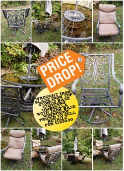 Outdoor wrought iron table and rocking chairs swivel