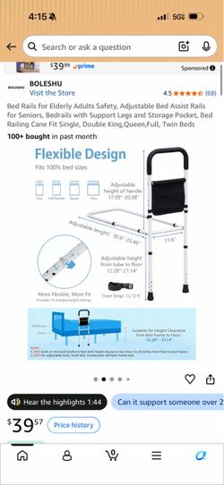 Bed Rails for Elderly Adults Safety, Adjustable Bed Assist Rails for Seniors, Bedrails with Support Legs and Storage Pocket, Bed Railing Cane Fit Sing