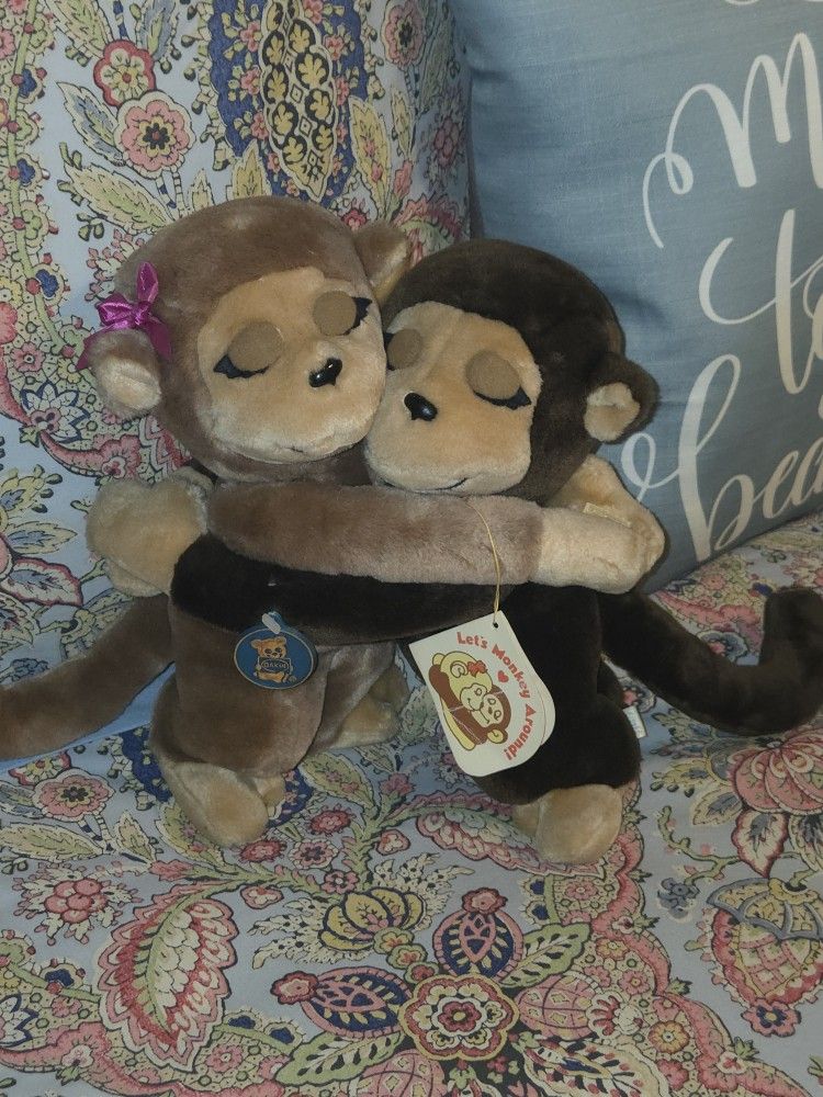 Vintage Dakin "Let's Monkey Around!" Plush Hugging Monkeys From 1987. New With Tags.