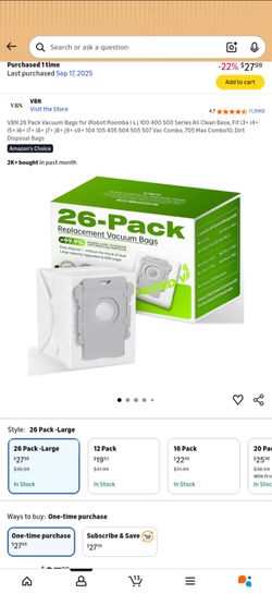 VBN 26 Pack Vacuum Bags for iRobot Roomba