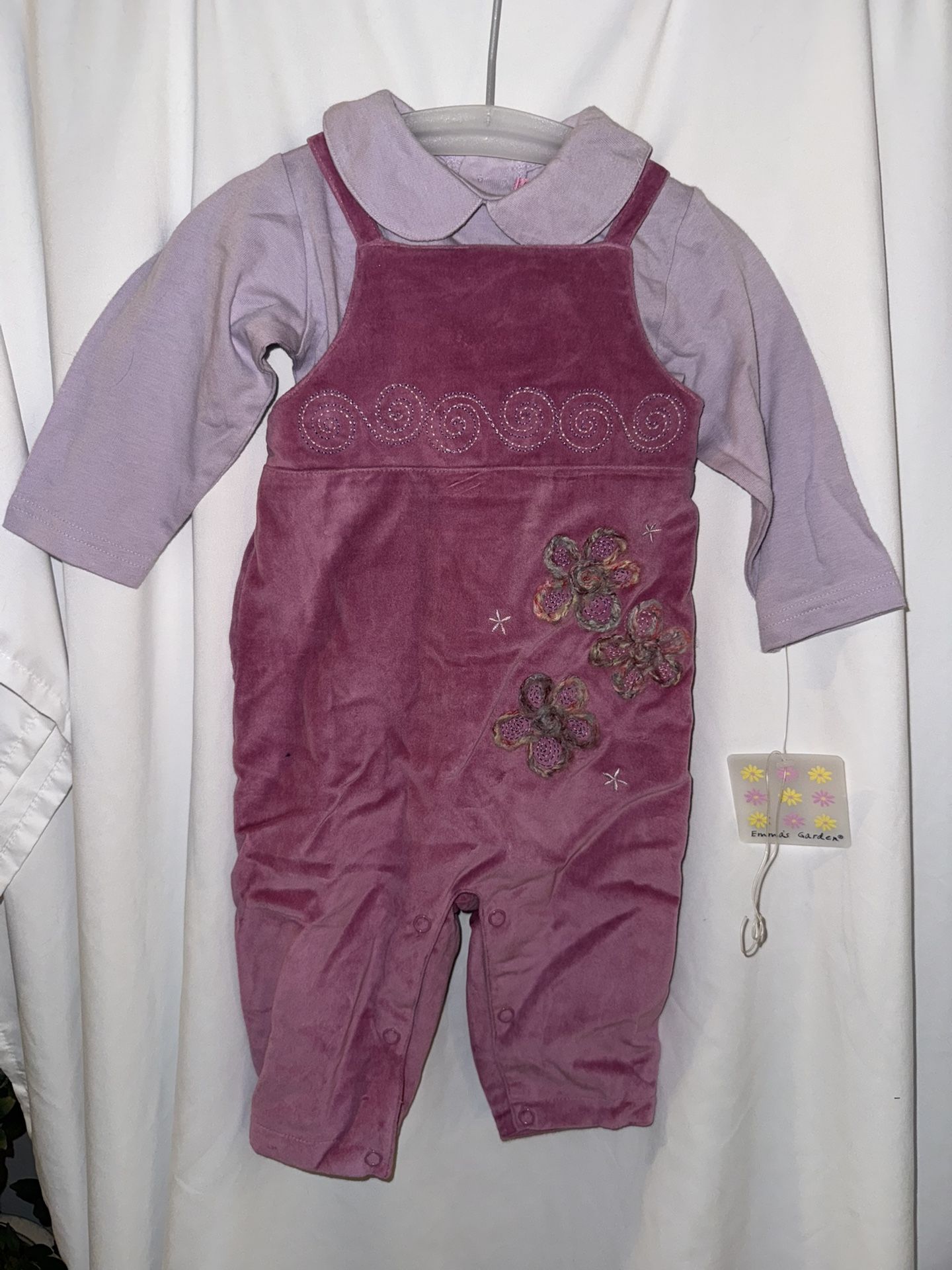 BNWT Baby Girls Overall Set, Size 9 Months, Embroidered Flower Design