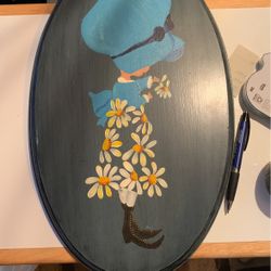 Vintage Holly Hobbie Child White Daisy Dress Flowers Hand Painted Oval Wood Wall Hanging