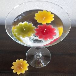 large martini glass 10"Hx9"W and 4 candle each 3" 