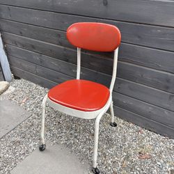 Mid Century Metal & Chrome Rolling Red Upholstered Chair