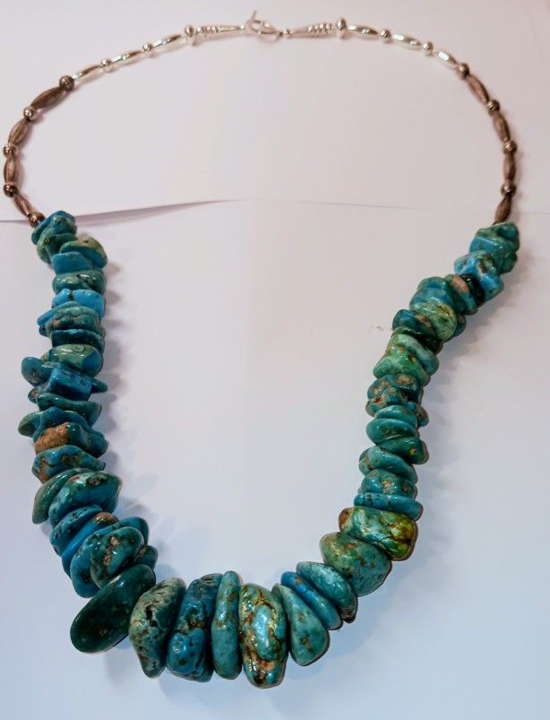 Stunning Silver & Hi Quality Turquoises Necklace 31" Long And 194g Heavy In VG condition