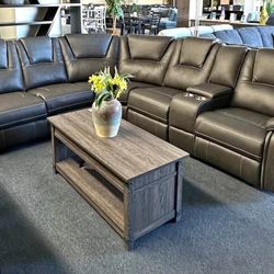 Gray faux leather sectional recliner Sofa With Cup Holder 