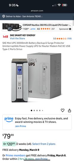 SKE Mini UPS 30000mAh Battery Backup & Surge Protector Uninterruptible Power Supply UPS for Router Modem PoE DC USB Type-C Ports Sirius