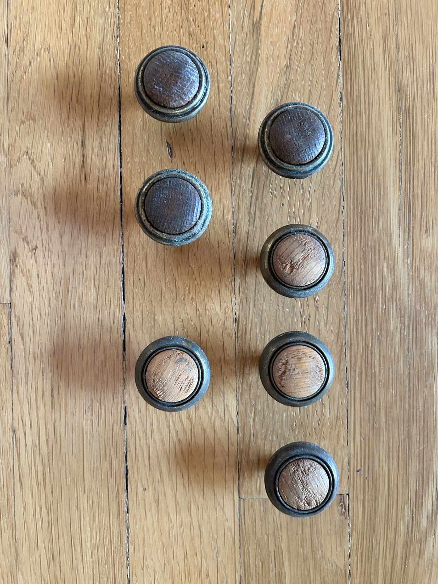 7 vintage National Lock wood metal weathered Drawer cabinet Pulls Knobs hardware MCM mid century