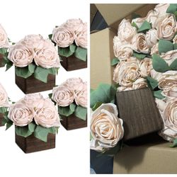 Table Centerpiece Set of 6 - Pre-Made Aritifial Rose with Wooden Vase Fake Floral Arrangment Faux Flower for Wedding Bridal Tea Party Event Decoration