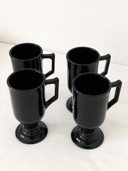Vintage 1960’s Indiana Black Amethyst Glass Irish Pedestal Coffee Mugs Gothic