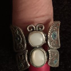 Vintage Lucky Brand Butterfly Silver Tone Enamel W/mother Of Pesrl Ring Sz 7