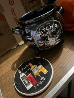 Ceramic Halloween Coaster And Witches Cauldron, Small Candy Jar Home Decor