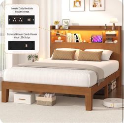 Queen Size Wooden Platform Bed Frame with Storage Headboard and LED Lights