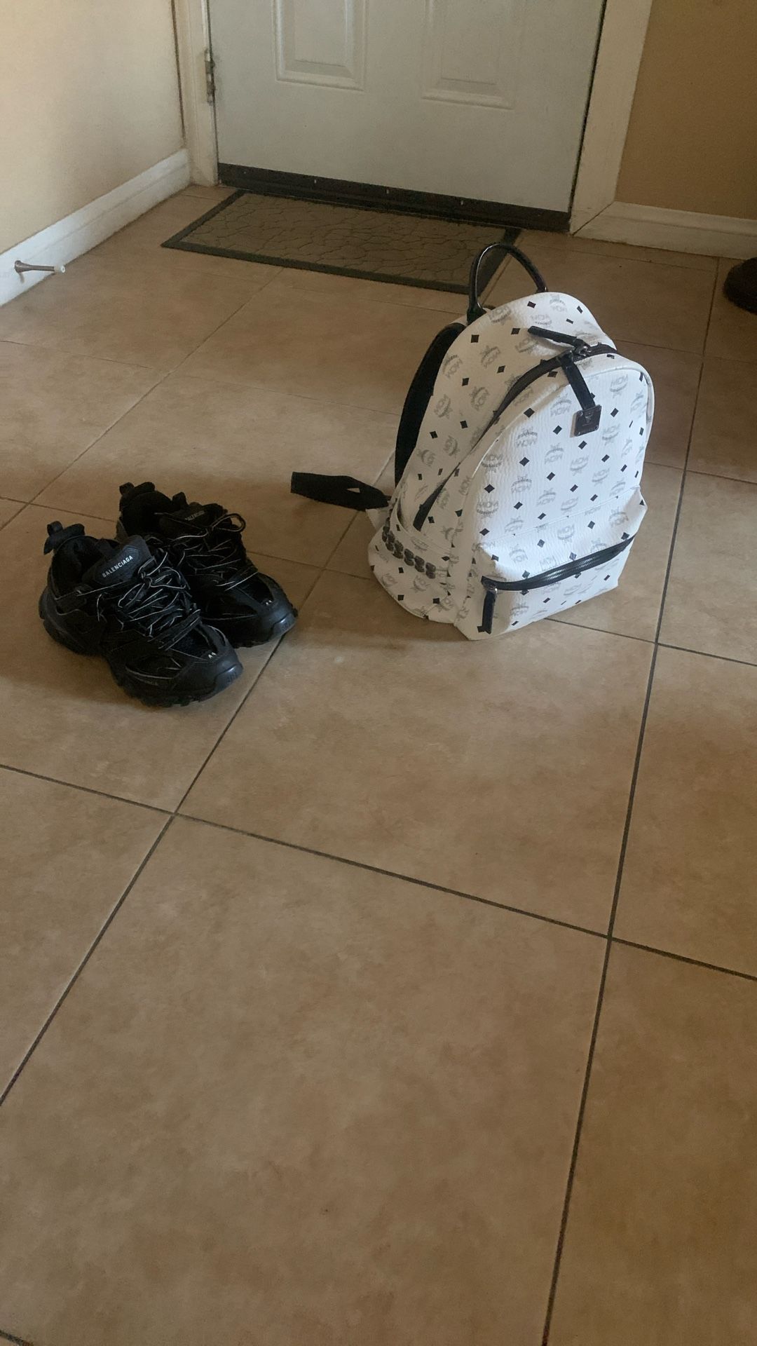White Mcm backpack and balenciaga tracks size 8