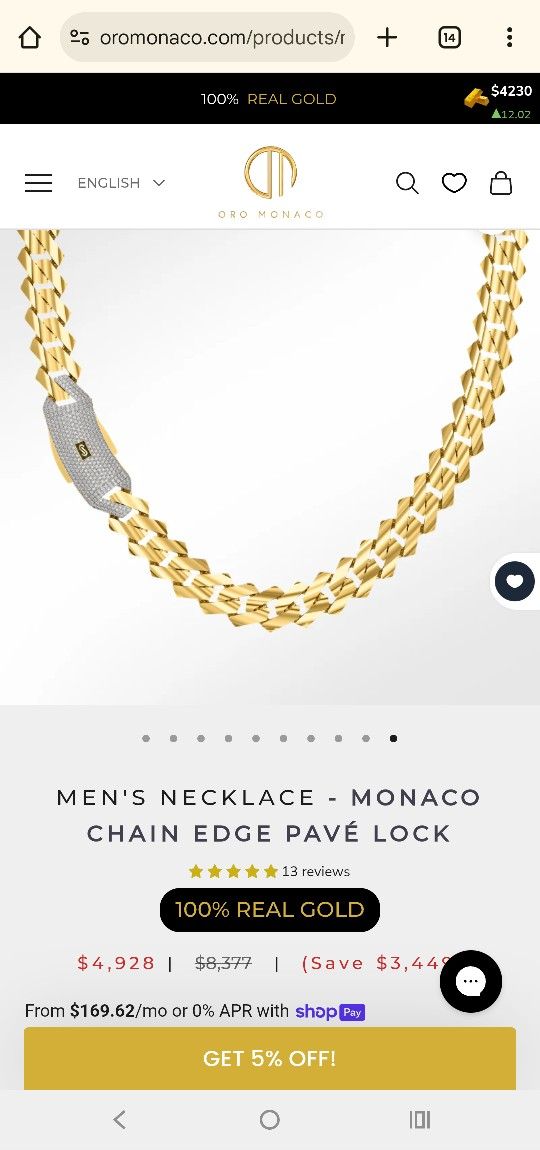10k Oro Monaco Gold Chain 13.5mm  26" Length SemiHollow