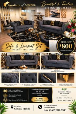 Charcoal Gray Glam Chesterfield-Style Sofa & Loveseat Set