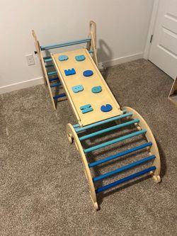 KIDS JUNGLE GYM: Like New BlueWood Pikler Triangle Set 8-in-1 Foldable Wooden Indoor JungleGym 4-Piece for Kids Ages 1-6
