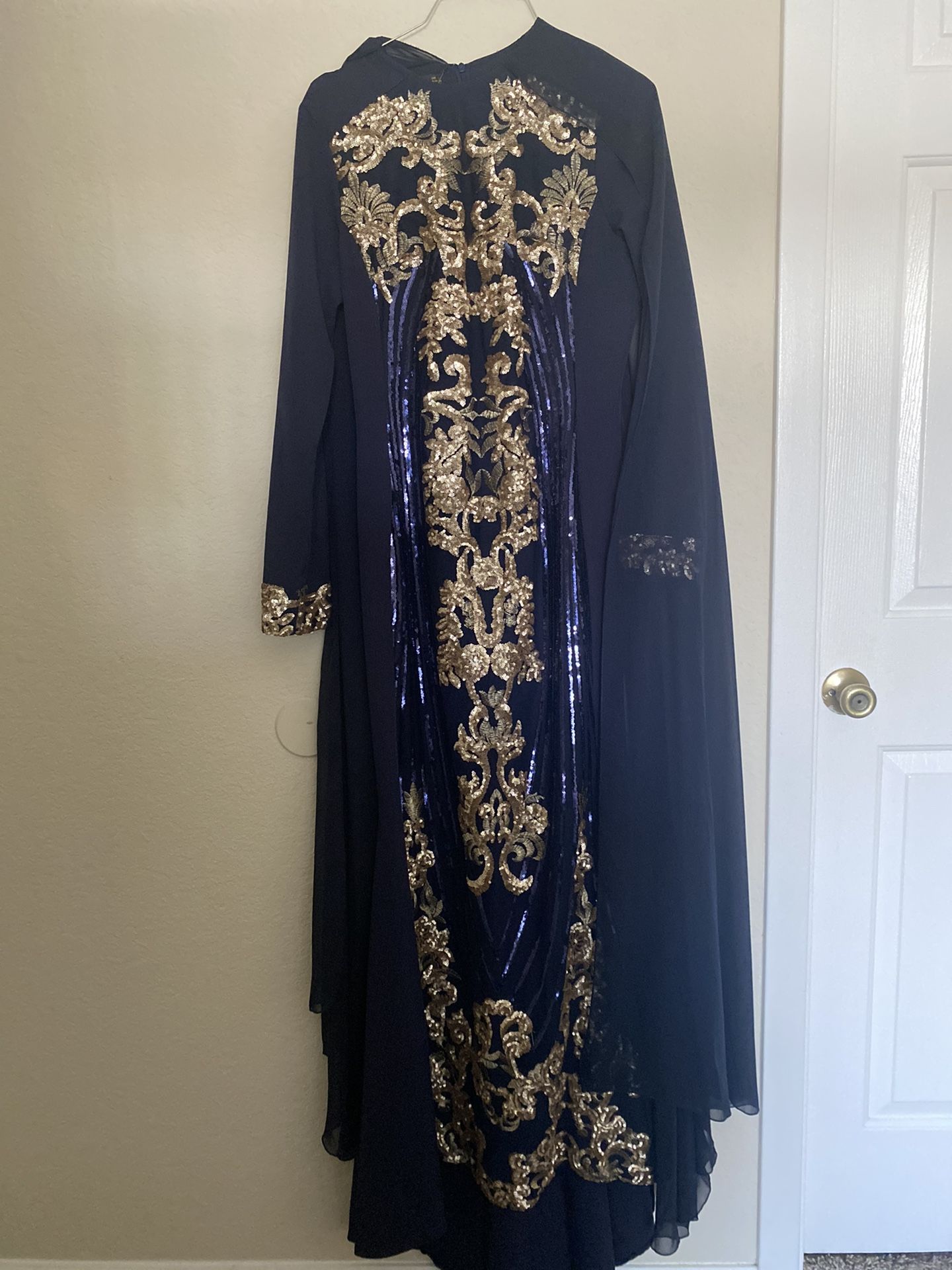 Navy Blue And Gold Long Sleeve Dress 