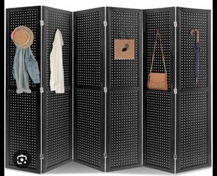 6Panel Pegboard Display with ,Wooden Room Divider Wall and Folding Privacy Screens, Partition Room dividers, Pegboard Room Divider, black