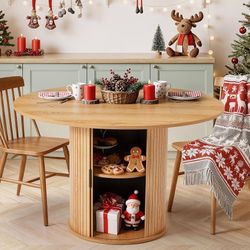 Z-Round Dining Table for 4-6, 47.2" Kitchen Table with 2-Layer Storage Shelf, Farmhouse Wooden Dining Desk with Sturdy Base for Dining Room & Living R