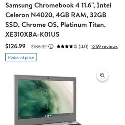 Brand New Chromebook Samsung Chromebook 4 11.6", Intel Celeron N4020, 4GB RAM, 32GB SSD, Chrome OS, Platinum Titan, XE310XBA-K01US
