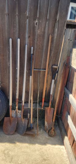 Gardening tools lot and metal bin