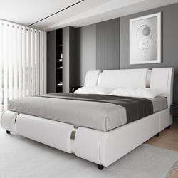 Modern King Faux Leather Bed Frame with Iron Pieces Decor, White B-10