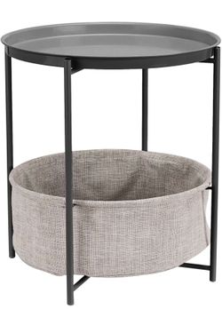 Amazon Basics Round Storage End Table, Side Table with Cloth Basket, Charcoal/Heather Gray, 17.7 x 17.7 x 18.9 in