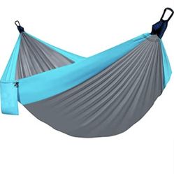 Camping Hammock Double & Single Portable Hammocks with 2 Tree Straps, Great for Hiking,Backpacking,Hunting,Outdoor,Beach,Camping, Light Grey & Sky Blu