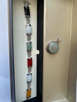 Vintage 925 Sterling Silver Jade Jewelry Set Bracelet & Pendant GSJ/FAS