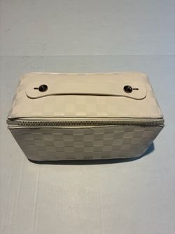 Cream Checkered Vanity Case with Top Handle