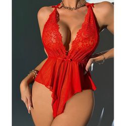 Women’s red one piece chemise babydoll lingerie bodysuit 