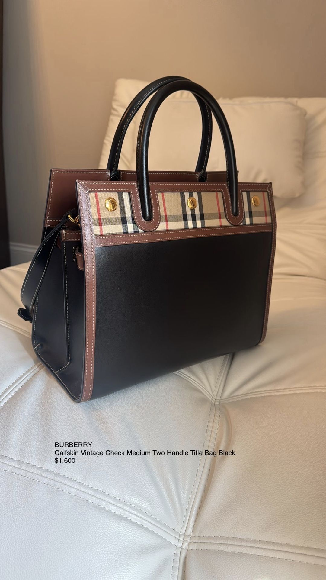 BURBERRY Calfskin Vintage Check Medium Two Handle Title Bag Black