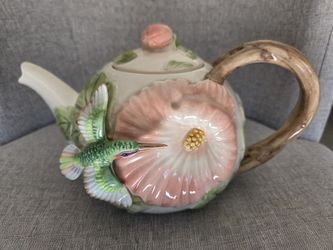 Vintage 1987 Fitz and Floyd Hummingbird Hibiscus Ceramic Teapot