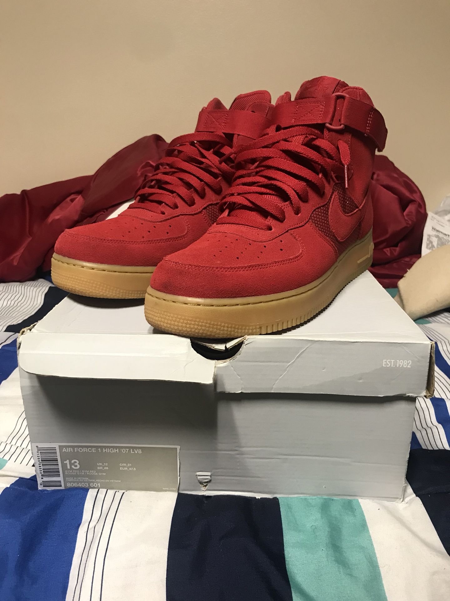 Nike Air Force 1 High 07 LV8 Red Suede Gum Sole 806403-601 Shoes Size 11.5