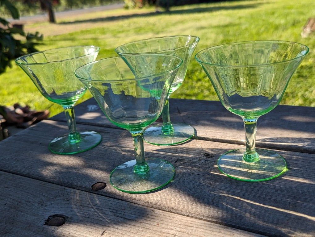 Set of 4 Vintage Green Depression Glass Martini Glasses - Uranium Glass Stemware w Vertical Rib
