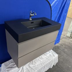36” Modern Gray Wall Mount Bathroom Cabinet, Matte Black Sink, and Delta Faucet