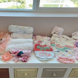 🎀 0-3 months Baby Girl Essential Bundle  & Milestone Backdrop (40 pieces)