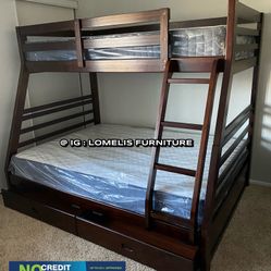 Twin/Full Expresso Bunk bed w. Drawers & Ortho Mattresses Included 