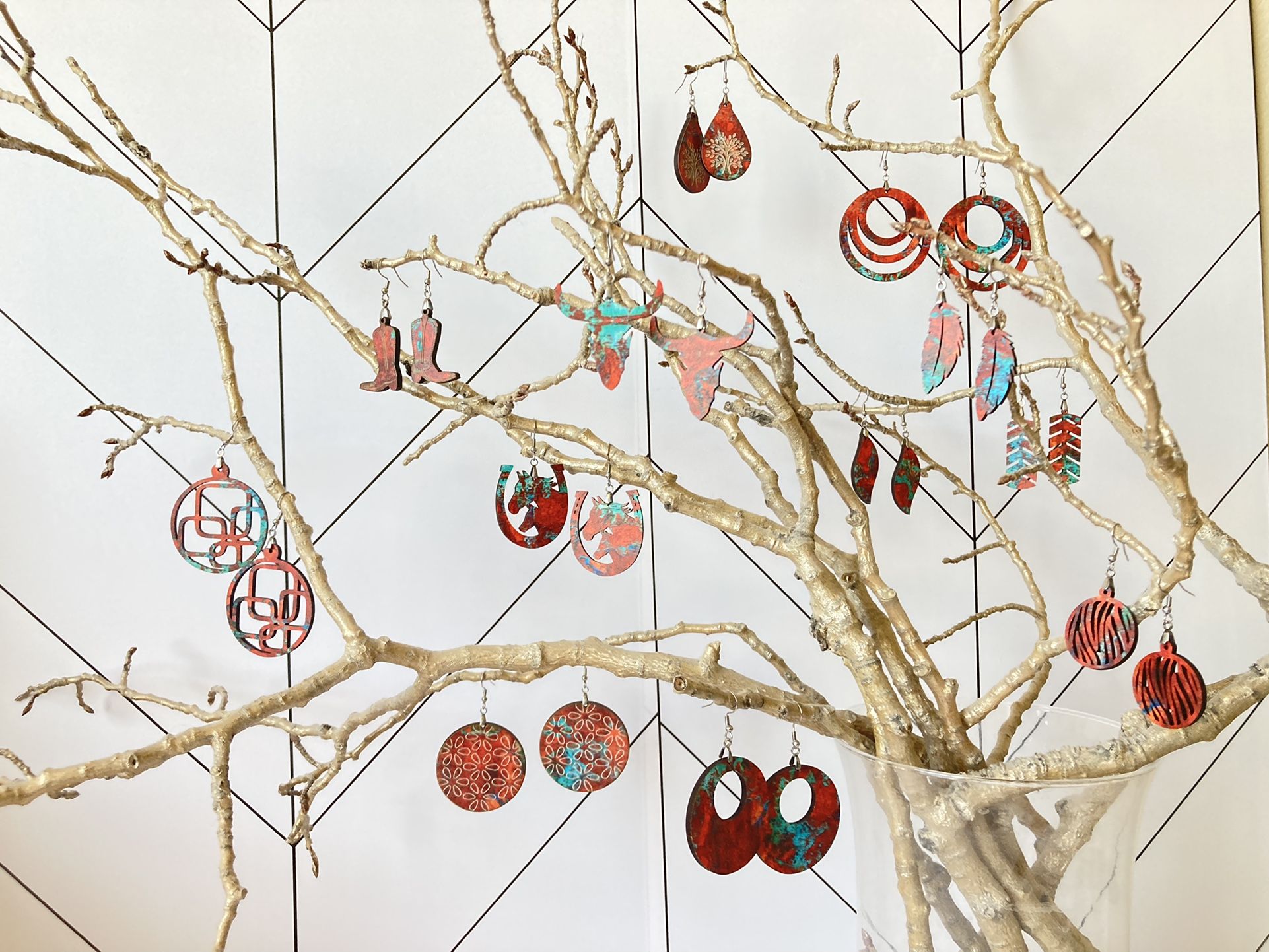 Handmade Copper And Turquoise Color Wood Earrings