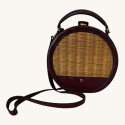 Vintage Etienne Aigner Burgundy Leather and Wicker Circular Crossbody Bag